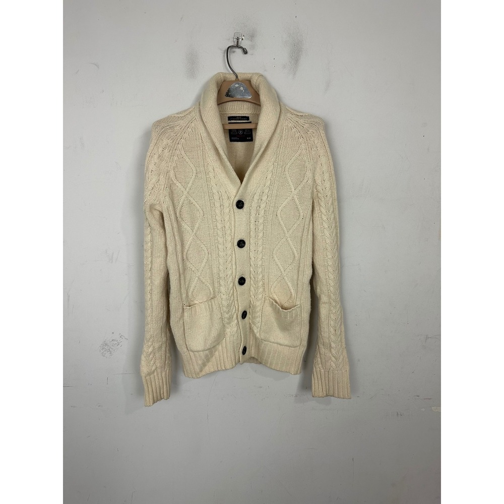 American Eagle Men Athletic Fit Shawl Collar Cable Knit Cardigan Sweater Cream M